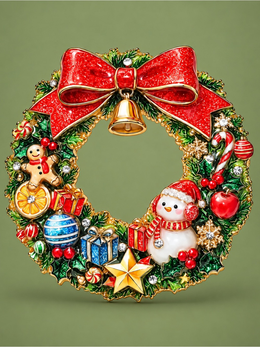 Cute Christmas Red Snowman Wreath Brooch